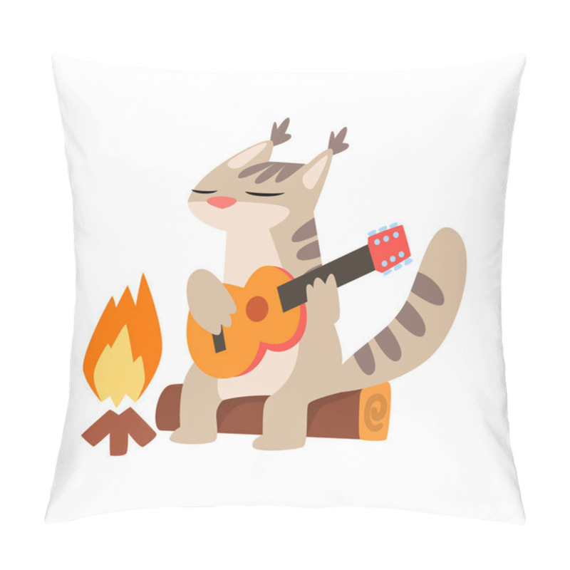 Personality  Lynx Playing Guitar While Sitting By The Bonfire, Cute Cartoon Animal Having Hiking Adventure Travel Or Camping Trip Vector Illustration On A White Background Pillow Covers