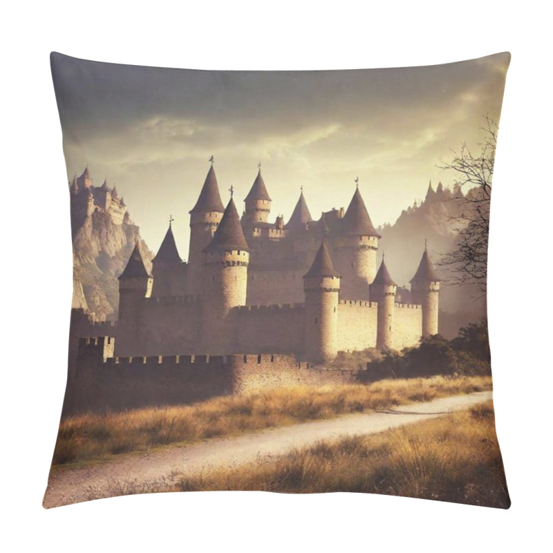 Personality  A High-resolution Digital Artwork Depicting A Medieval Castle Scene. The Image Features Two Towering Stone Castles Perched High Above A Rocky Landscape, Connected By Age-worn Paths. Their Crenellated Walls And Turrets Emerge From Lush Autumn Foliage Pillow Covers