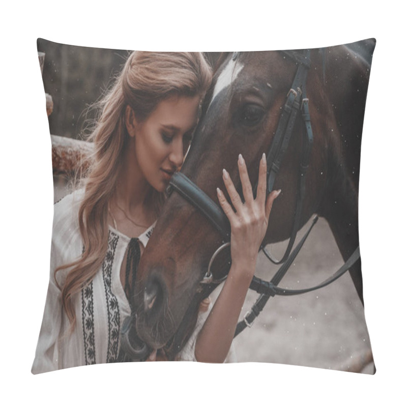 Personality  Beautiful And Romantic Young Woman Wearing The Dress Is Embracing And Stroking The Horse On The Ranch. An Attractive Rider Is Posing Outdoors Near The Saddle. Summertime, Nature Landscape, Countryside Pillow Covers