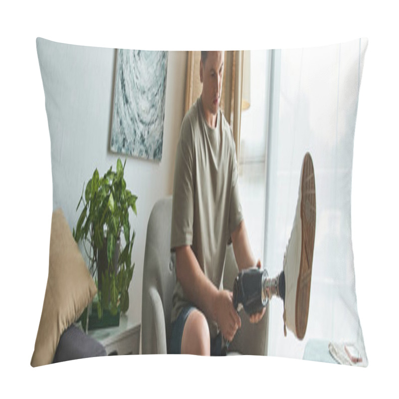 Personality  Handsome Young Man Makes Adjustments To His Prosthetic Leg In A Modern Living Space. Pillow Covers