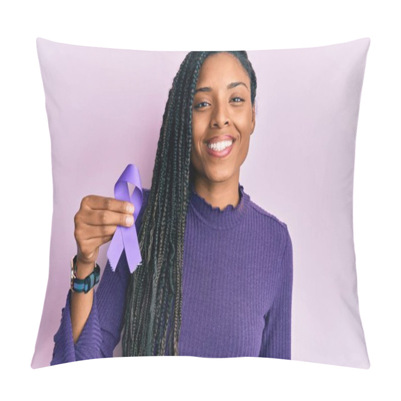 Personality  African American Woman Holding Purple Ribbon Awareness Looking Positive And Happy Standing And Smiling With A Confident Smile Showing Teeth  Pillow Covers