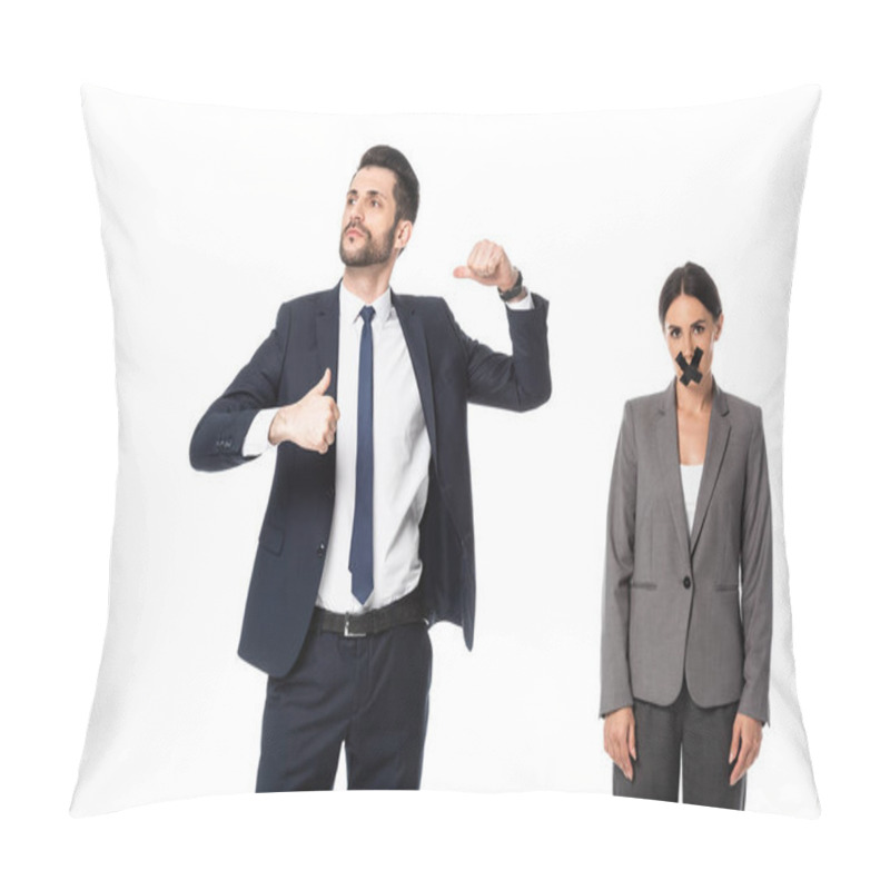 Personality  Arrogant Businessman In Suit Pointing With Thumbs At Himself Near Woman With Scotch Tape On Mouth Isolated On White Pillow Covers