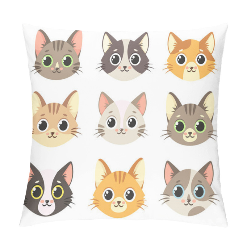 Personality  Cute Cats Collection. Cats Faces. Isolated On White Background.  Pillow Covers