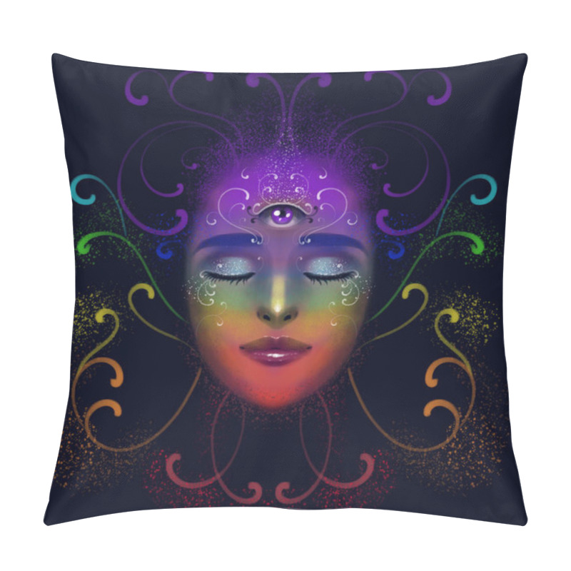 Personality  Illustration Of A Portrait Of A Girl On A Dark Background, With A Third Eye. Meditation In A State Of Harmony, With Curls Of Chakra Flowers. Poster Symbolizing Enlightenment, Harmony Of Mind And Body Pillow Covers