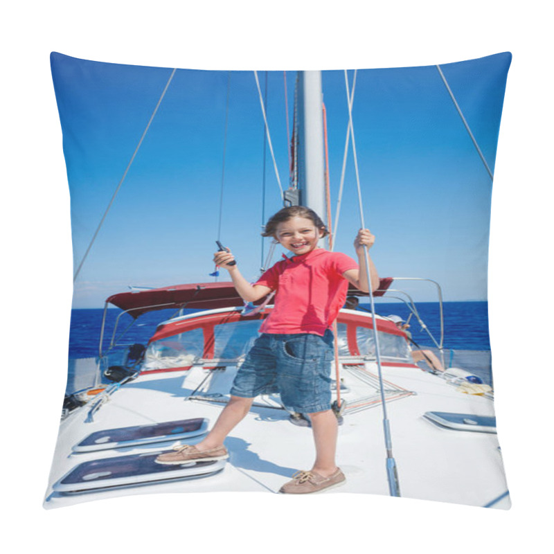 Personality  Little Boy On Board Of Sailing Yacht On Summer Cruise. Travel Adventure, Yachting With Child On Family Vacation. Pillow Covers