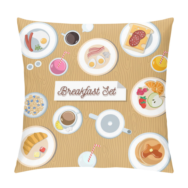 Personality  Beautiful Breakfast Set. Cute Flat Eggs With Bacon, Sausages, Mushrooms And Peas. Bread With Cheese And Ham. Cereal With Blueberry. Fruit Bowl With Orange, Strawberry And Raspberry.Croissant Pillow Covers