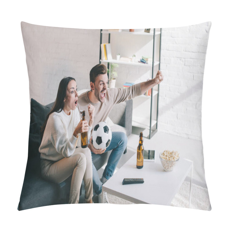 Personality  Emotional Young Couple Watching Football Game At Home Pillow Covers