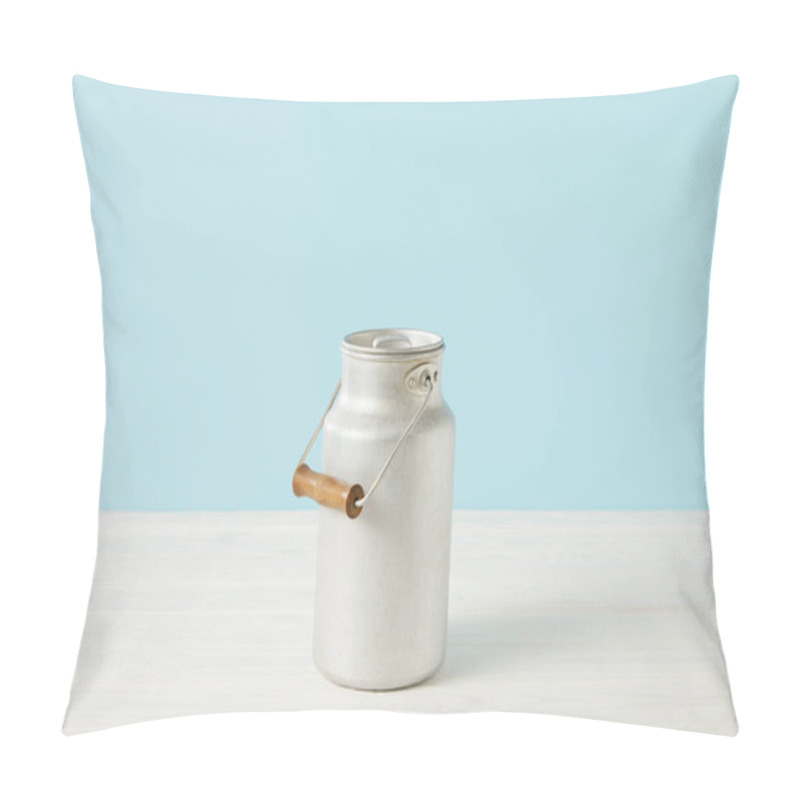 Personality  Closeup Image Of Aluminium Milk Can On Blue Background  Pillow Covers