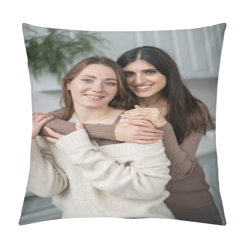 Personality  Positive Same Sex Couple In Warm Clothes Hugging In Kitchen  Pillow Covers