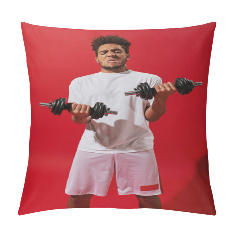 Personality  Strong African American Sportsman Working Out With Heavy Dumbbells On Red Background, Grimace Pillow Covers