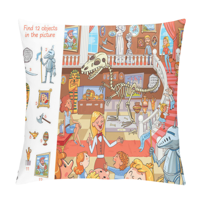 Personality  Guide Gives Children A Tour Of Natural History Museum. Visitors Of Museum Viewing Exhibits. Tourists Looking At Paintings At Exhibition. Find 12 Objects In The Picture. Puzzle Hidden Items Pillow Covers