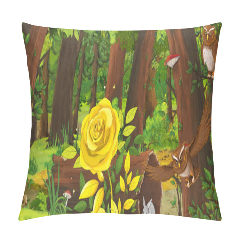 Personality  Cartoon Summer Scene With Deep Forest And Bird Owl And Golden Rose - Nobody On Scene - Illustration For Children Pillow Covers