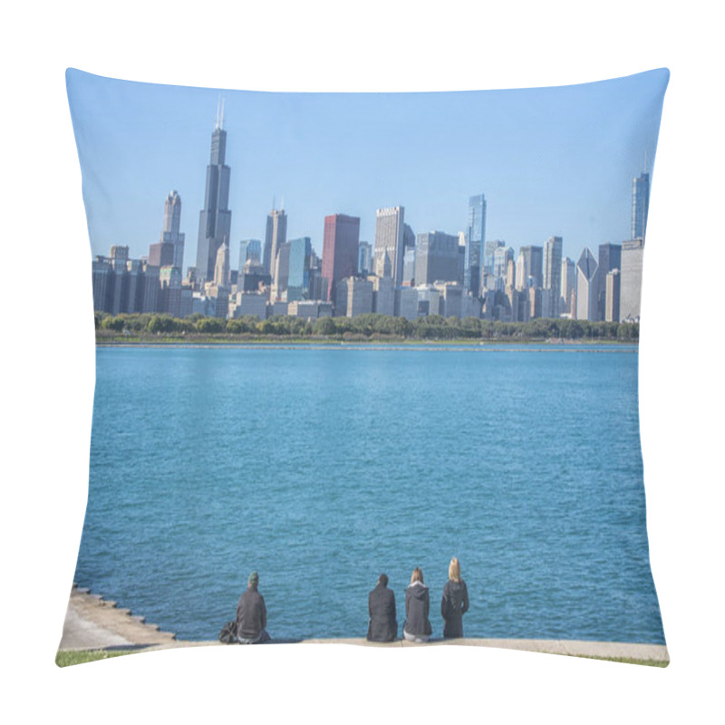 Personality  Chicago Skyline Panorama Across Lake Michigan Viewed From North Avenue Beach.  Pillow Covers