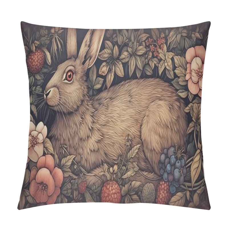 Personality  A Detailed Illustration Of A Rabbit Nestled Within A Botanical Arrangement Of Flowers And Fruits. The Artwork Combines Intricate Natural Elements With A Vintage-inspired, Whimsical Touch. Pillow Covers