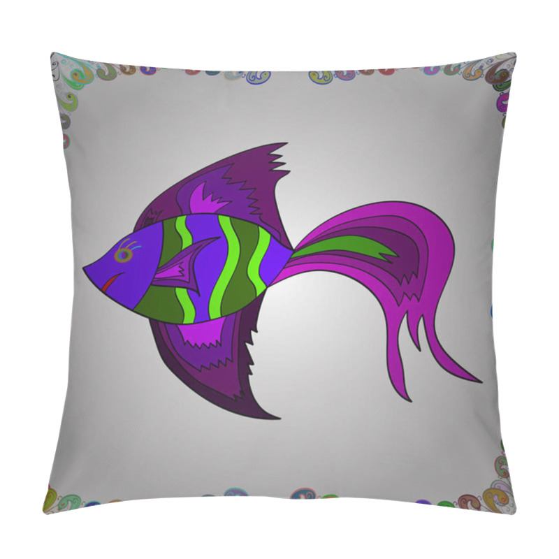 Personality  Handdrawn. Vector Illustration. Fish Doodle Style. Seamless. Fishes On White, Purple And Green. Pillow Covers