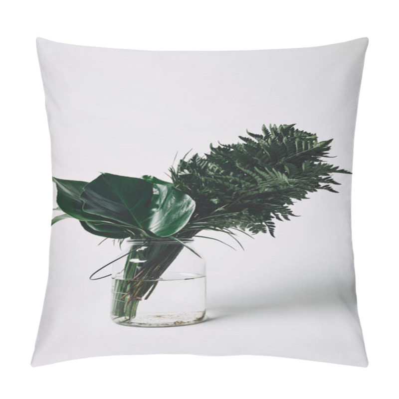 Personality  Bunch Of Various Green Leaves In Glass Vase On White Pillow Covers