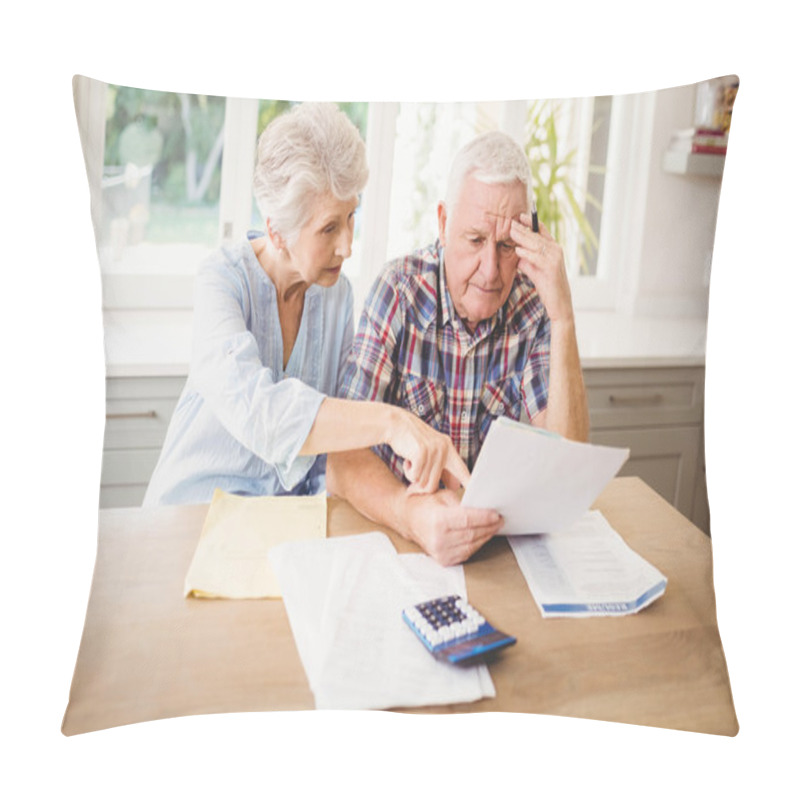 Personality  Worried Senior Couple Checking Bills Pillow Covers