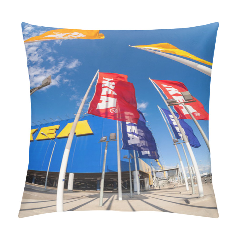 Personality  SAMARA, RUSSIA - SEPTEMBER 6, 2014: IKEA Flags Against Sky At Th Pillow Covers