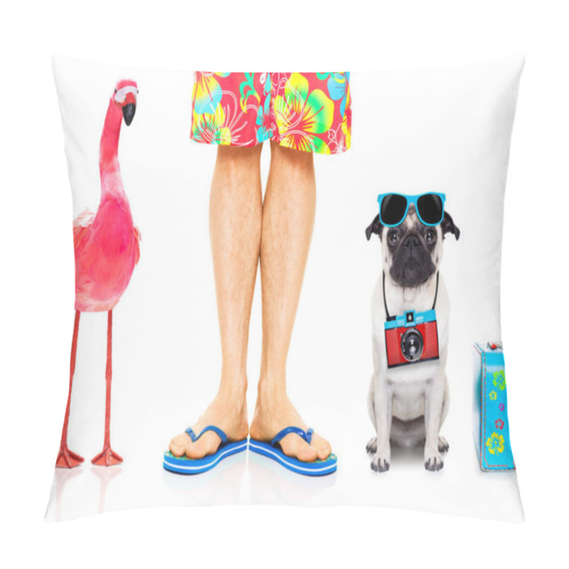 Personality  Dog And Owner Ready To Go On Summer Vacation Holidays And A Gay Pink Flamingo , Isolated On White Pillow Covers