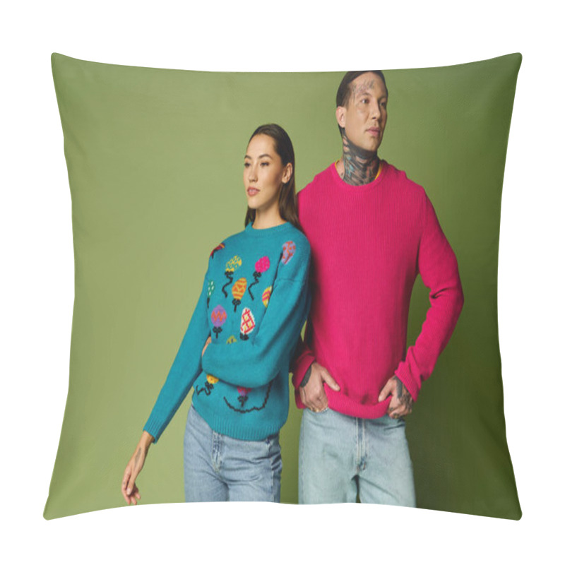 Personality  A Stylish Young Couple Showcases Unique Sweaters While Standing Confidently In A Lively Setting. Pillow Covers