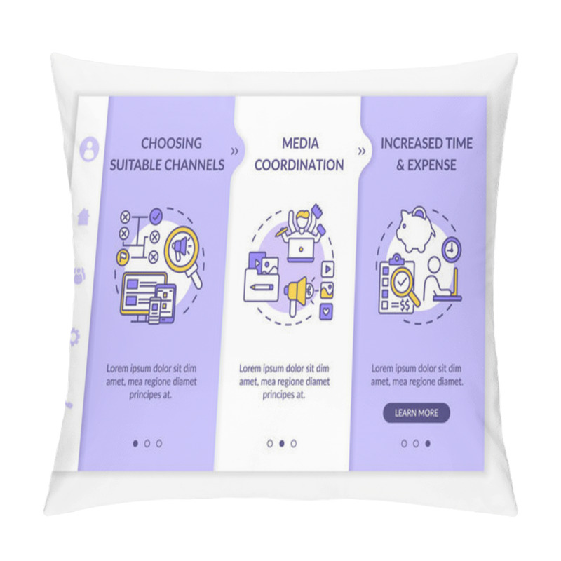 Personality  Multichannel Marketing Onboarding Vector Template. Suitable Channels Selection, Media Coordination. Responsive Mobile Website With Icons. Webpage Walkthrough Step Screens. RGB Color Concep Pillow Covers