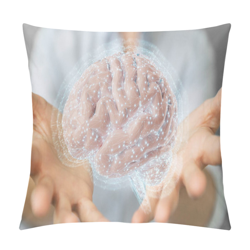 Personality  Businesswoman On Blurred Background Using Digital 3D Projection Of A Human Brain 3D Rendering Pillow Covers