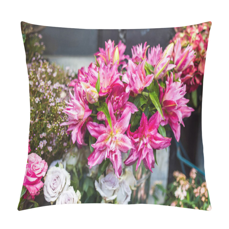 Personality  Burgundy Lilies, Pink And Lilac Roses, And Red Hydrangeas In Bouquets For Sale. Pillow Covers