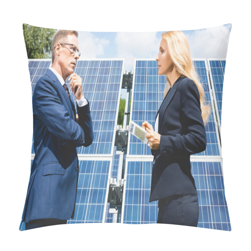 Personality  Side View Of Handsome Businessman And Businesswoman Talking And Holding Digital Tablet  Pillow Covers