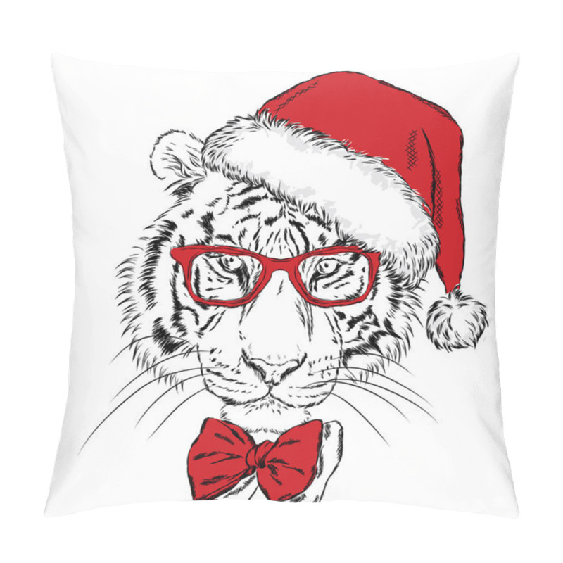 Personality  Tiger In Christmas Hat And Sunglasses. Print On A Postcard Or Poster. Vector Illustration. Holiday Card. New Year's And Christmas. Santa Claus. Pillow Covers