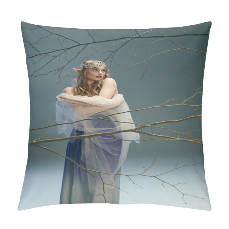 Personality  A Young Woman In A Blue Dress Standing Gracefully In Front Of A Majestic Tree, Embodying The Essence Of A Fairy Princess. Pillow Covers