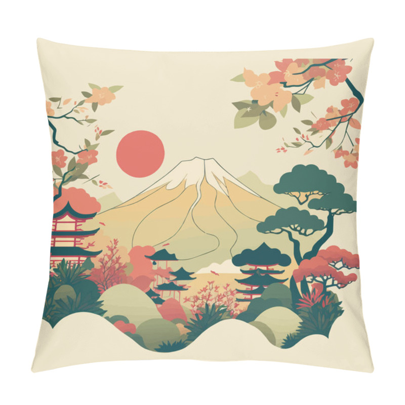 Personality  Illustration Of Fuji Mount Japan Travel Destination Concept, Tourism Landmark Flat Color Style Vector Pillow Covers