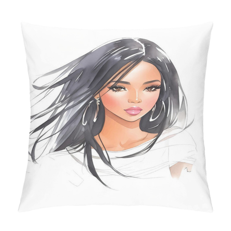 Personality  Watercolor Beauty African Woman. Painting Fashion Illustration. Hand Drawn Portrait Of Pretty Girl On White Background Pillow Covers