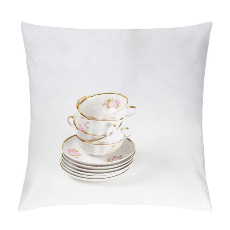 Personality  Antique Porcelain Tea Cups With Floral Painting On White Backgrond Pillow Covers