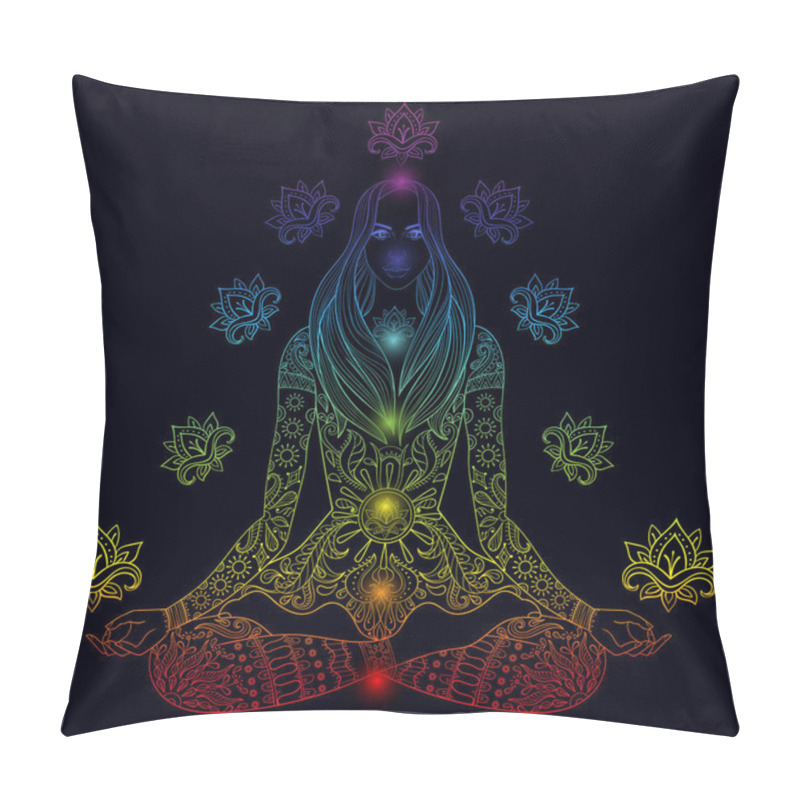 Personality  Girl Sitting In Lotus Pose With Chakras.  Vector Ornate Boho Wom Pillow Covers