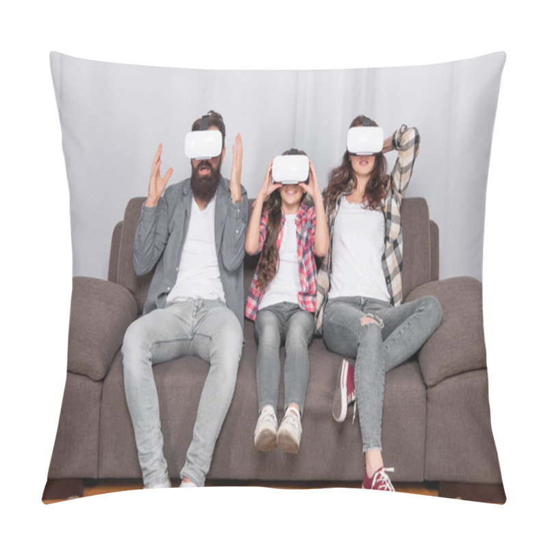 Personality  Digital Future And Innovation. Modern Life. Father Mother And Child Wireless VR Glasses. Virtual Reality Family. Amazed Parents With Kid Girl Use Modern Technology. Mom Dad And Daughter. Pillow Covers