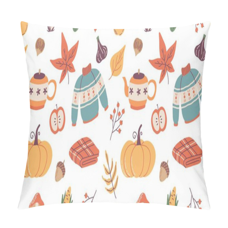 Personality  Autumn Seamless Pattern, Cute Hand Drawn Seasonal Objects. Vector Illustration Flat Style Pillow Covers