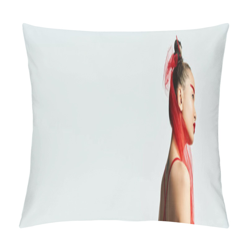 Personality  Asian Woman With Red Hair Twirling In A Vibrant Red Dress. Pillow Covers