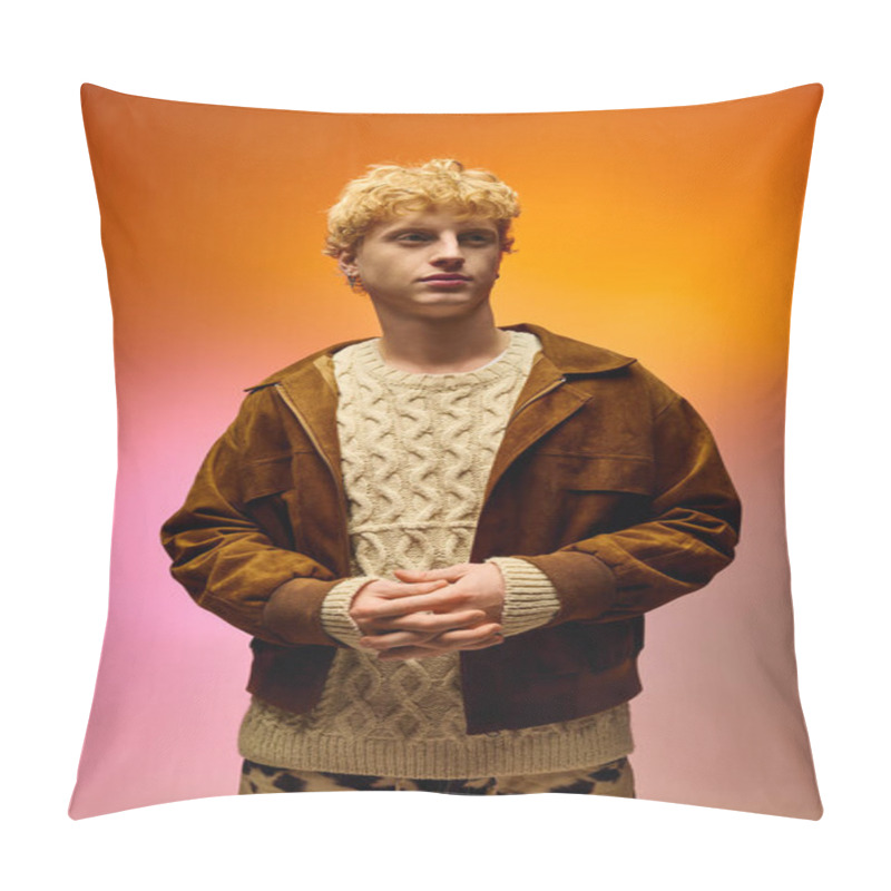 Personality  A Man Dressed In Cozy Winter Attire Stands Poised Against A Vibrant Gradient Background, Exuding Confidence. He Blends Contemporary Style With Festive Spirit, Perfect For The Holiday Season. Pillow Covers