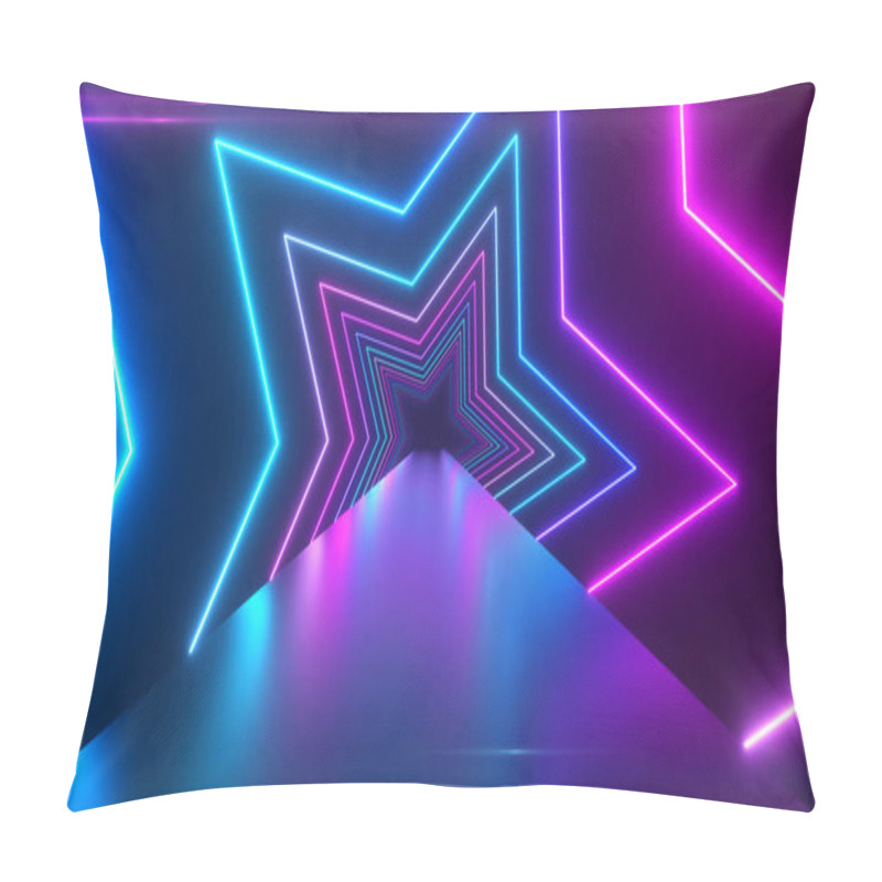 Personality  Abstract Digital Background With Rotating Neon Stars. Modern Ultraviolet Blue Purple Light Spectrum. 3d Illustration Pillow Covers