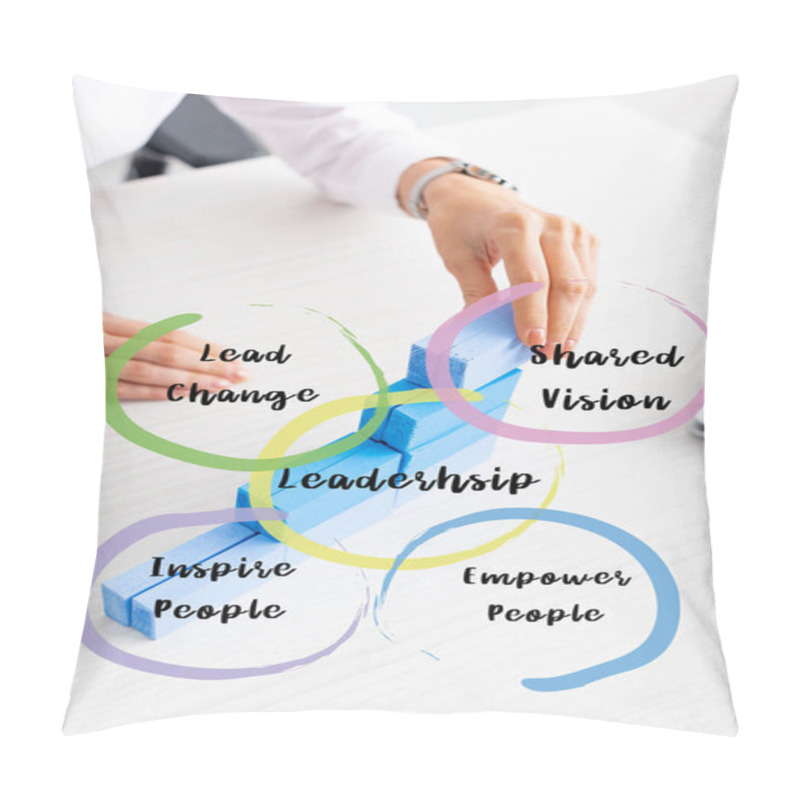 Personality  Cropped View Of Businesswoman Stacking Blue Building Blocks Near Laptop On Table, Leadership Illustration Pillow Covers