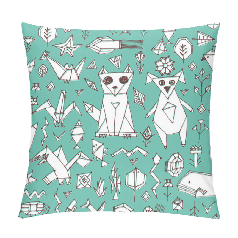 Personality  Seamless Pattern With Dog Cat Fox Fish Birds Sea Animals And Plants, Black Outline On Blue Green Background, Doodle Decorative Elements Stylized Origami. Trendy Backdrop For Site, Blog, Fabric. Vector Illustration Pillow Covers