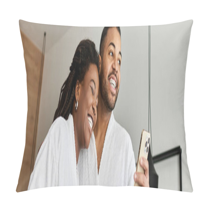 Personality  A Joyful Young Couple Shares Laughter And Love While Relaxing In Their Hotel Room During Vacation. Pillow Covers