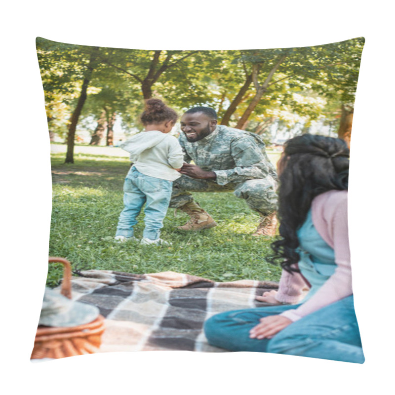 Personality  Smiling African American Soldier Squatting Near Daughter In Park Pillow Covers