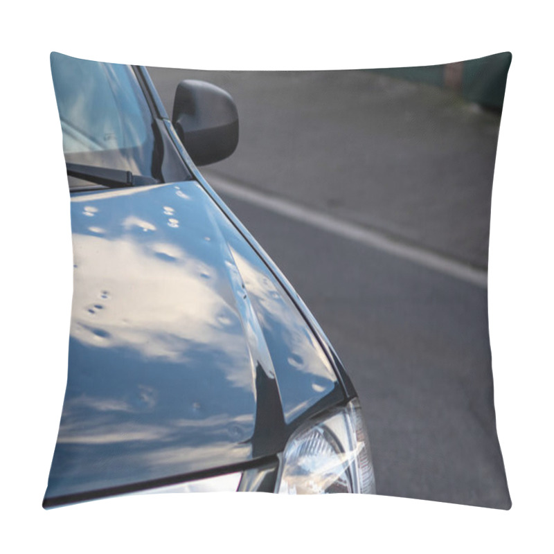 Personality  Black Car Engine Hood With Many Hail Damage Dents Show The Forces Of Nature And The Importance Of Car Insurance And Replacement Value Insurance Against Hail Dents Of Storm Hazards Extreme Weather Pillow Covers