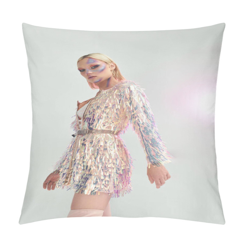 Personality  A Stylish Young Woman Exudes Charm In A Holographic Ensemble With Shimmering Details. Pillow Covers