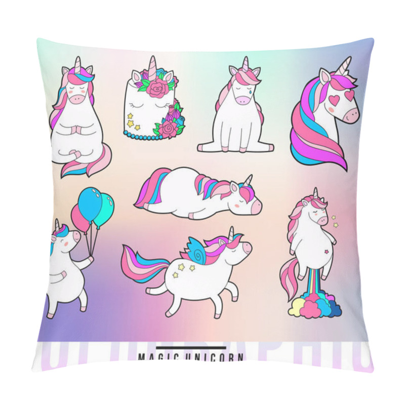 Personality  Magic Unicorn Doodle Patches.Holographic Back Texture. Vector Illustration. Pillow Covers