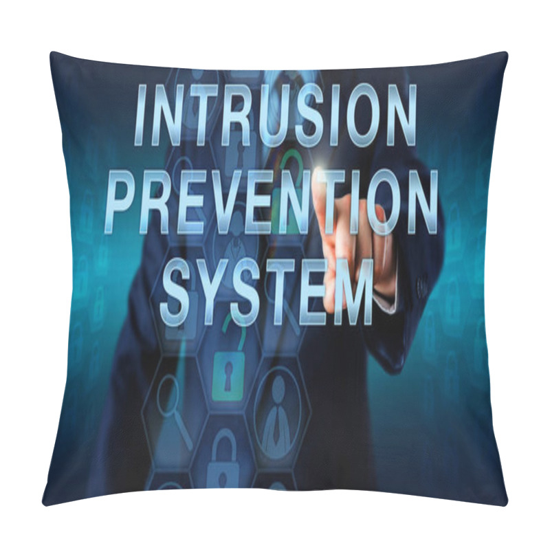 Personality  Cybersecurity Specialist Is Touching INTRUSION PREVENTION SYSTEM Onscreen. Information Technology And Security Concept For An IPS Set Of Network Protection Appliances Monitoring System Activities. Pillow Covers