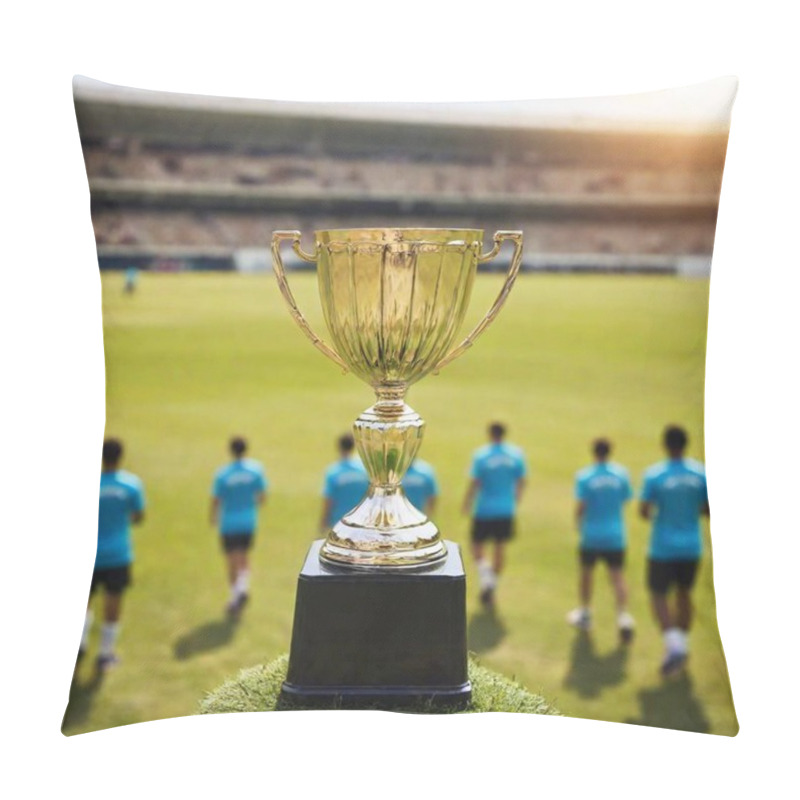 Personality  A Full Shot Of The Trophy Resting On The Pitch, Surrounded By Players Congratulating Each Other. Pillow Covers