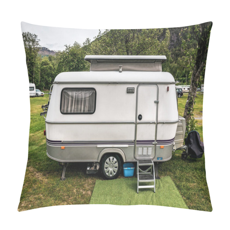 Personality  Camping Trailer Stands In Campsite In Norway Pillow Covers