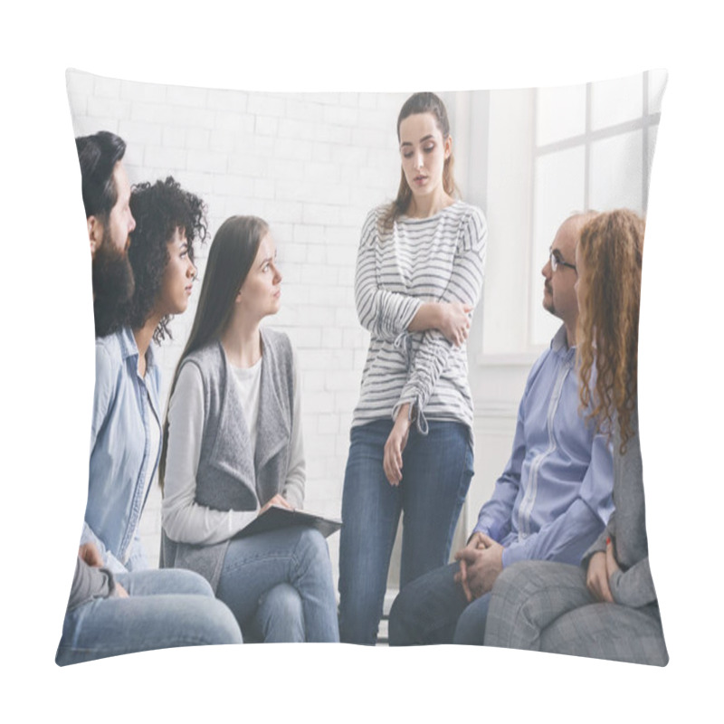 Personality  Sad Addicted Woman Sharing Her Problems At Rehab Group Meeting Pillow Covers